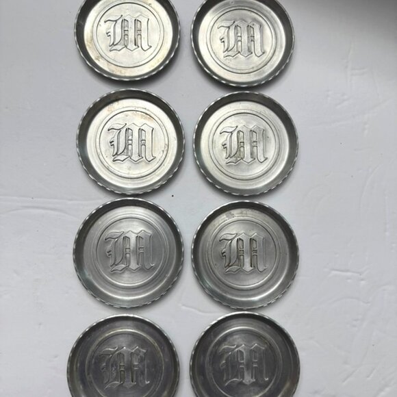 Vtg Set Of 8 Hammered Aluminum 3.25" Coasters-W or M Monogram Old English-MCM - Picture 1 of 4